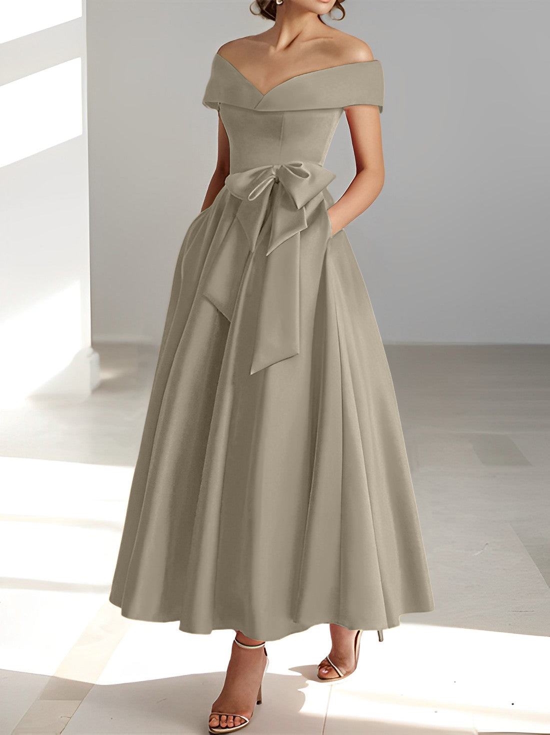 A Line Princess Off The Shoulder Sleeveless Ankle Length Mother Of The Bride Dresses With Pockets