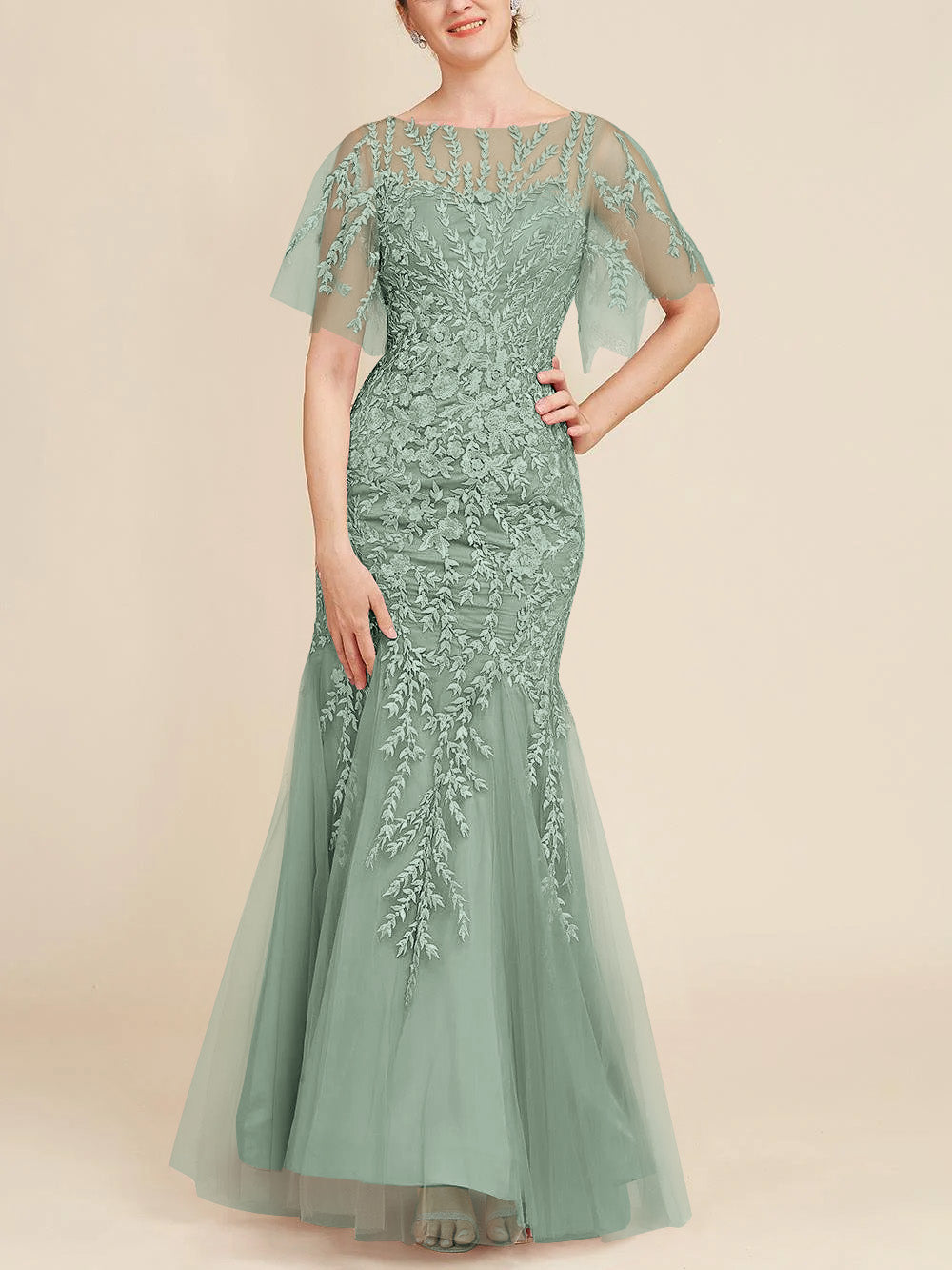 Trumpet Mermaid Scoop Half Sleeves Floor Length Mother Of The Bride Dresses With Lace