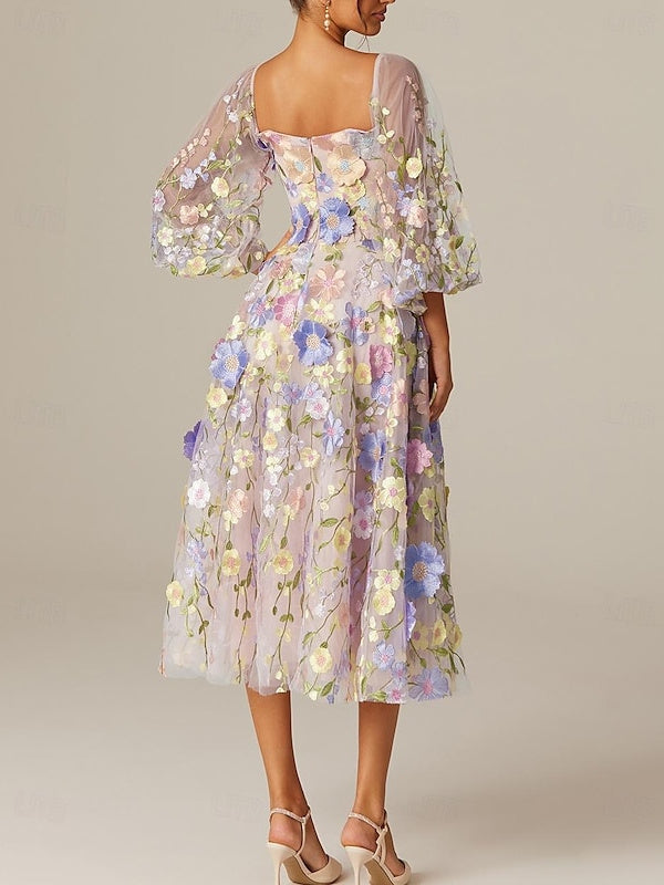 A Line Princess Long Sleeves Square Neck Tea Length Mother Of The Bride Dresses With Appliques