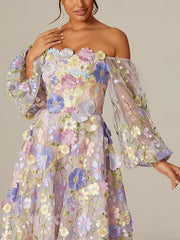 A Line Princess Long Sleeves Square Neck Tea Length Mother Of The Bride Dresses With Appliques