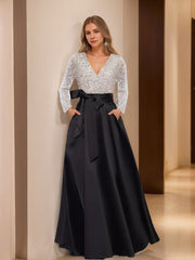 A Line Princess V Neck Long Sleeves Floor Length Mother Of The Bride Dresses With Pocket Sequins