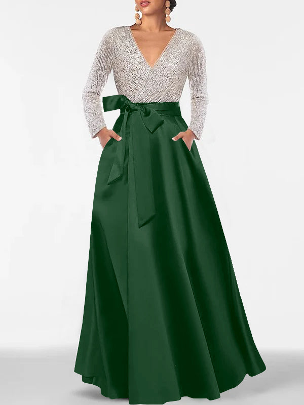 A Line Princess V Neck Long Sleeves Floor Length Mother Of The Bride Dresses With Pocket Sequins