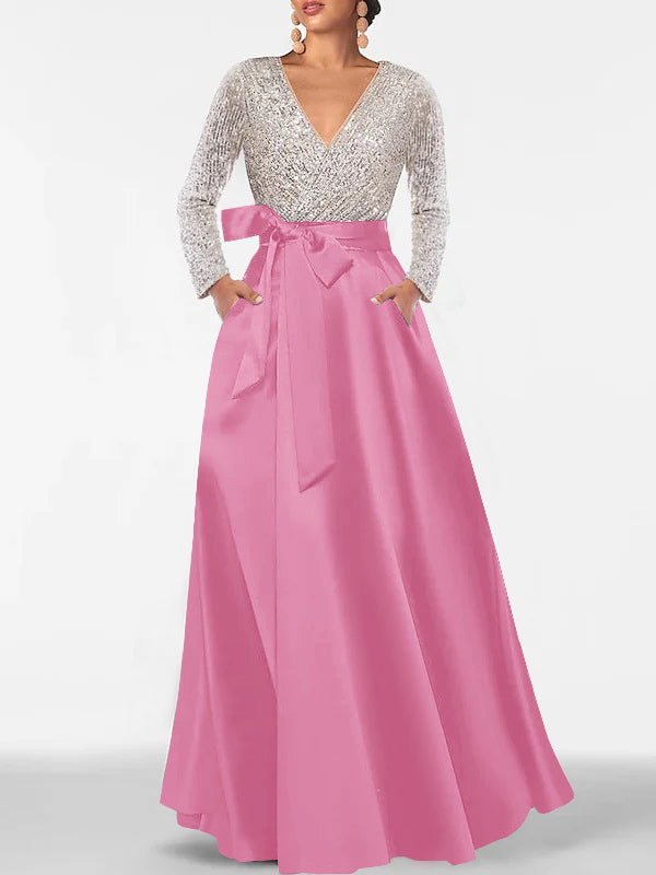 A Line Princess V Neck Long Sleeves Floor Length Mother Of The Bride Dresses With Pocket Sequins