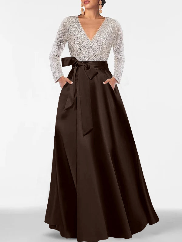 A Line Princess V Neck Long Sleeves Floor Length Mother Of The Bride Dresses With Pocket Sequins
