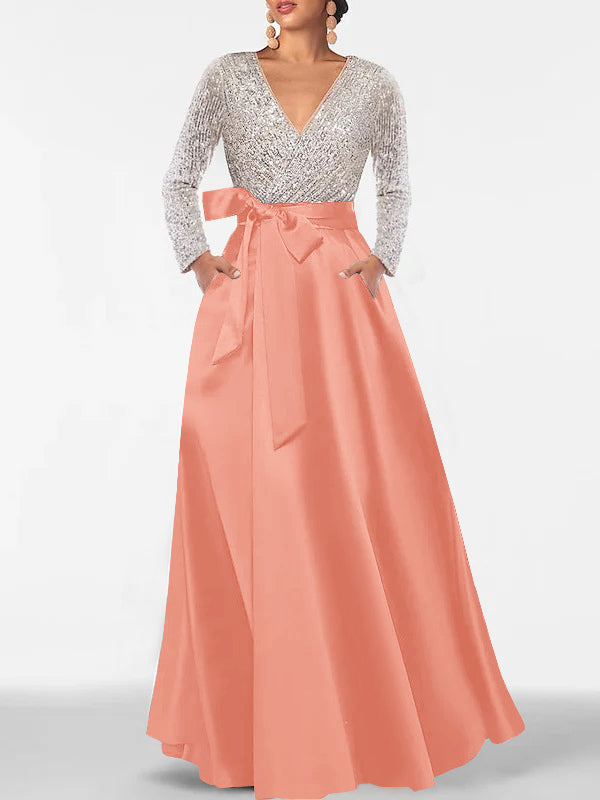 A Line Princess V Neck Long Sleeves Floor Length Mother Of The Bride Dresses With Pocket Sequins