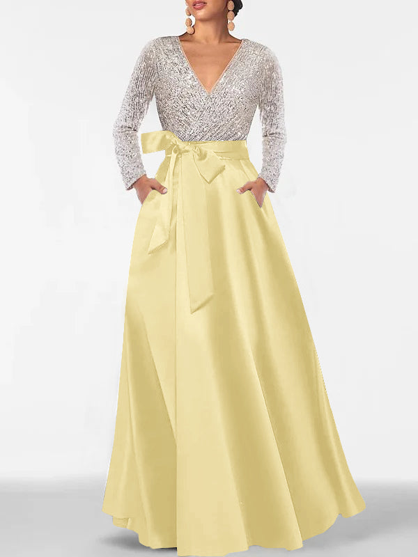 A Line Princess V Neck Long Sleeves Floor Length Mother Of The Bride Dresses With Pocket Sequins