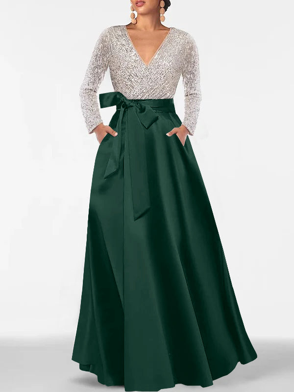 A Line Princess V Neck Long Sleeves Floor Length Mother Of The Bride Dresses With Pocket Sequins
