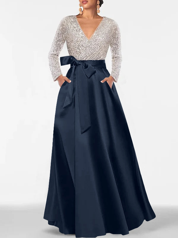 A Line Princess V Neck Long Sleeves Floor Length Mother Of The Bride Dresses With Pocket Sequins