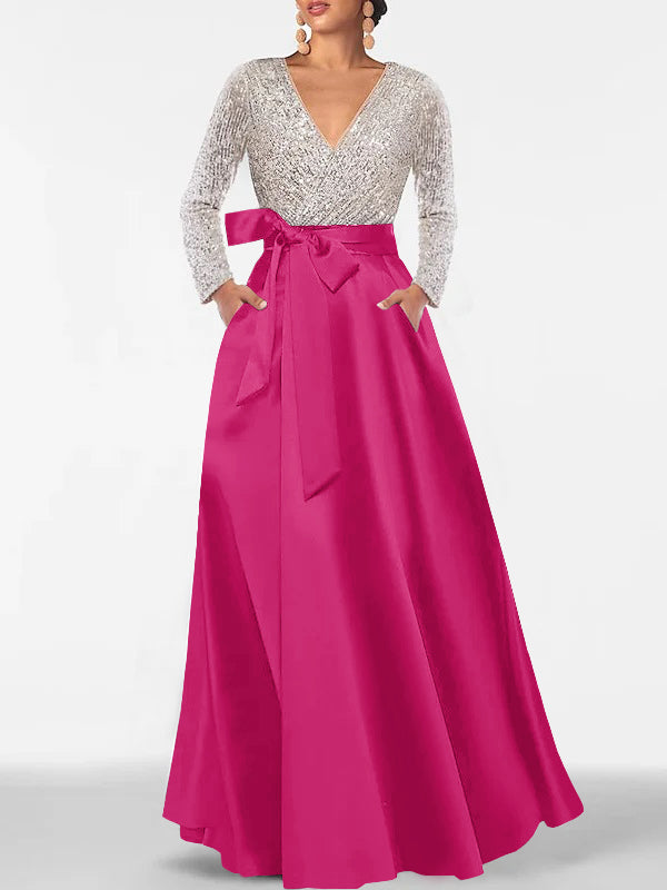A Line Princess V Neck Long Sleeves Floor Length Mother Of The Bride Dresses With Pocket Sequins
