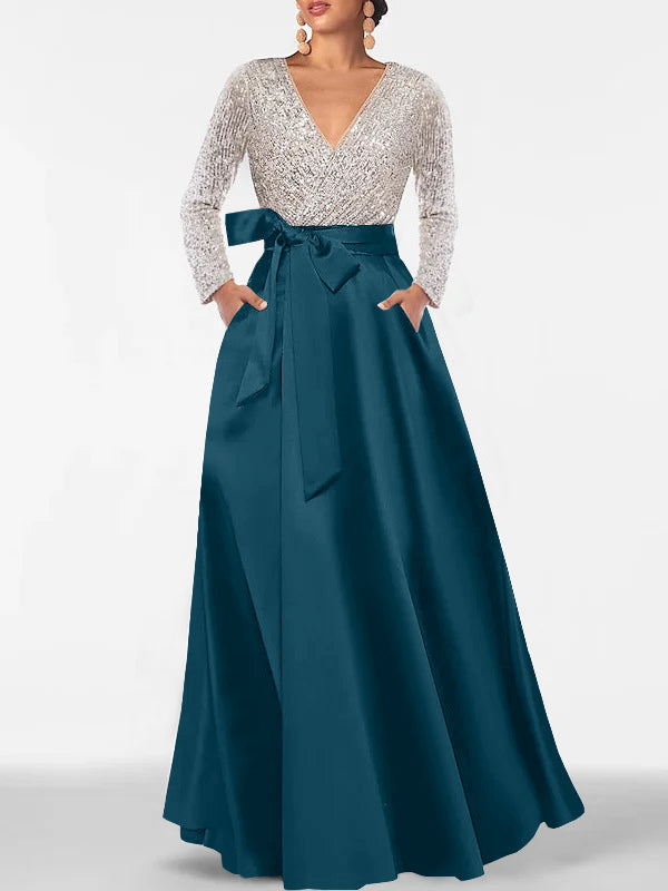 A Line Princess V Neck Long Sleeves Floor Length Mother Of The Bride Dresses With Pocket Sequins
