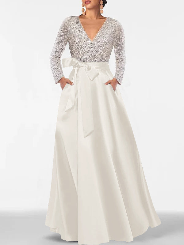 A Line Princess V Neck Long Sleeves Floor Length Mother Of The Bride Dresses With Pocket Sequins