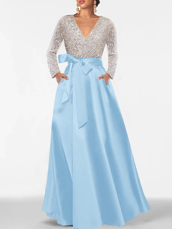 A Line Princess V Neck Long Sleeves Floor Length Mother Of The Bride Dresses With Pocket Sequins