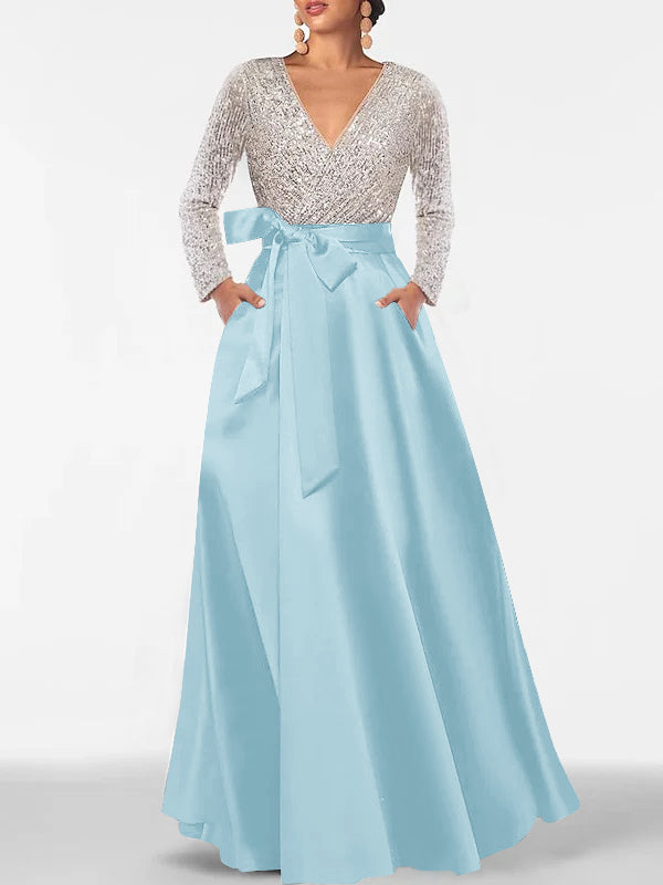 A Line Princess V Neck Long Sleeves Floor Length Mother Of The Bride Dresses With Pocket Sequins