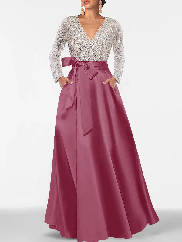A Line Princess V Neck Long Sleeves Floor Length Mother Of The Bride Dresses With Pocket Sequins