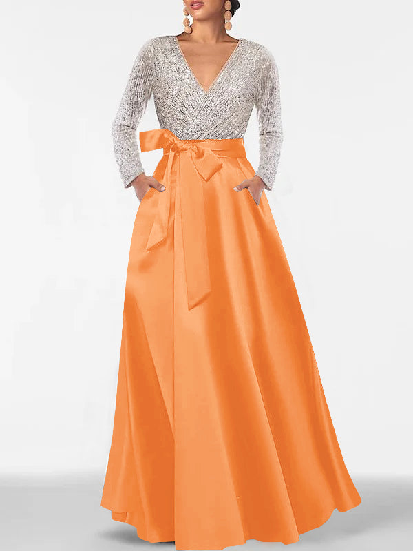 A Line Princess V Neck Long Sleeves Floor Length Mother Of The Bride Dresses With Pocket Sequins