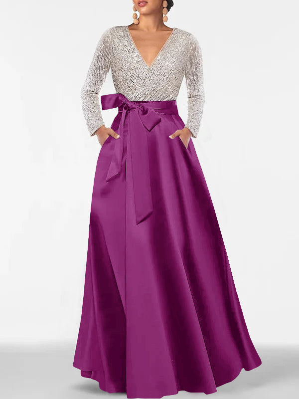 A Line Princess V Neck Long Sleeves Floor Length Mother Of The Bride Dresses With Pocket Sequins