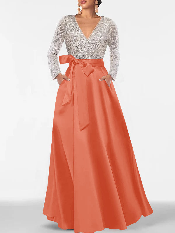 A Line Princess V Neck Long Sleeves Floor Length Mother Of The Bride Dresses With Pocket Sequins