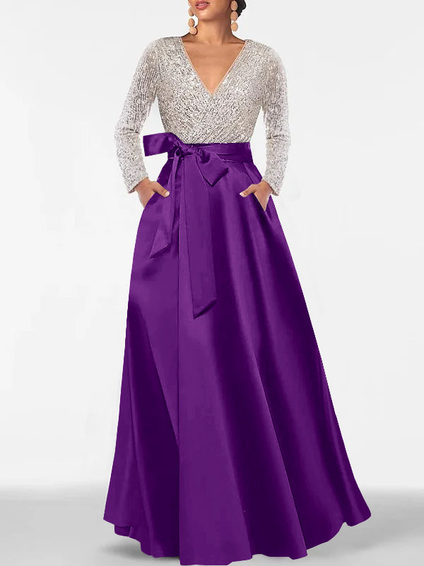 A Line Princess V Neck Long Sleeves Floor Length Mother Of The Bride Dresses With Pocket Sequins