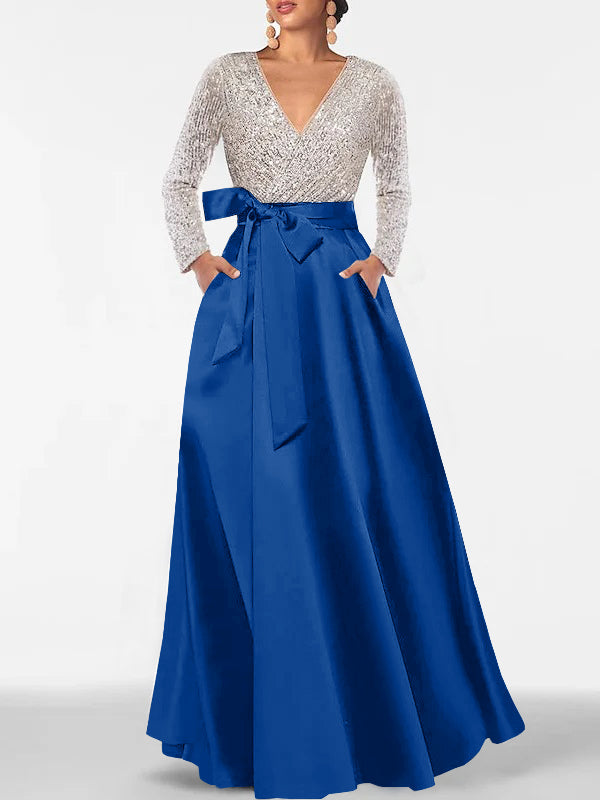 A Line Princess V Neck Long Sleeves Floor Length Mother Of The Bride Dresses With Pocket Sequins