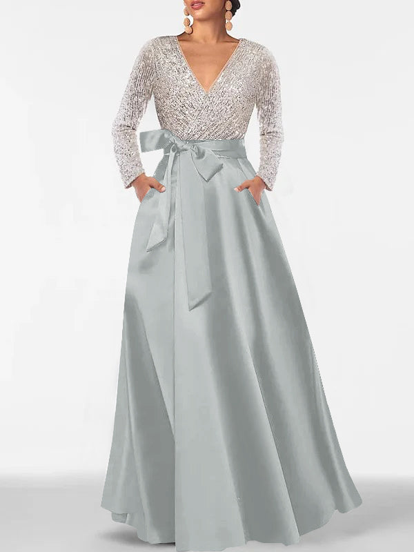 A Line Princess V Neck Long Sleeves Floor Length Mother Of The Bride Dresses With Pocket Sequins