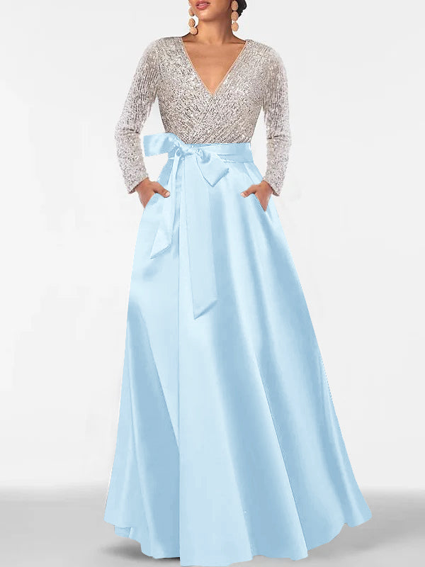 A Line Princess V Neck Long Sleeves Floor Length Mother Of The Bride Dresses With Pocket Sequins