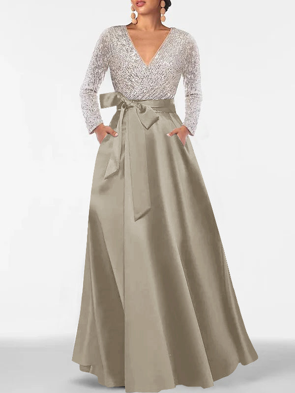 A Line Princess V Neck Long Sleeves Floor Length Mother Of The Bride Dresses With Pocket Sequins