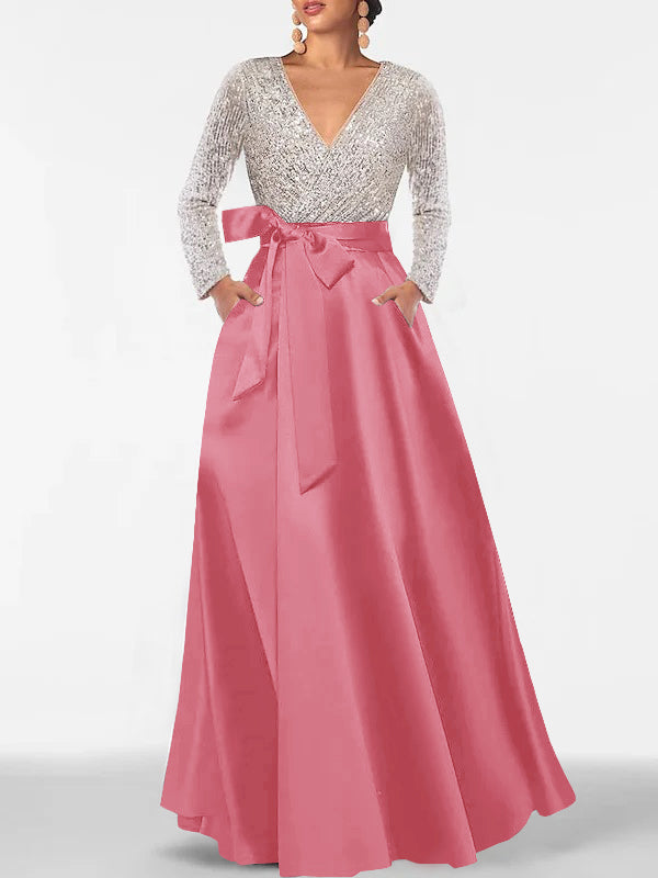 A Line Princess V Neck Long Sleeves Floor Length Mother Of The Bride Dresses With Pocket Sequins