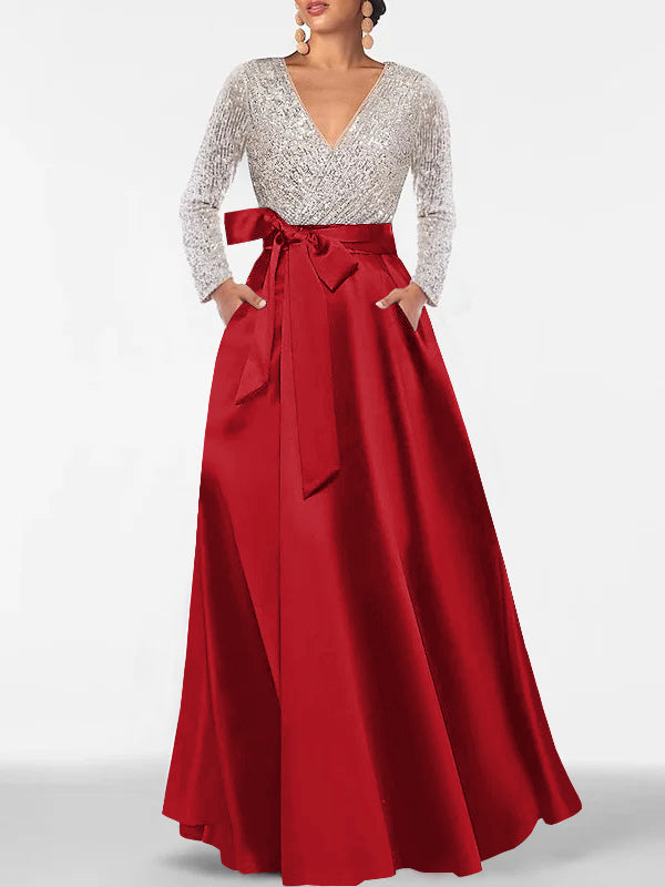 A Line Princess V Neck Long Sleeves Floor Length Mother Of The Bride Dresses With Pocket Sequins