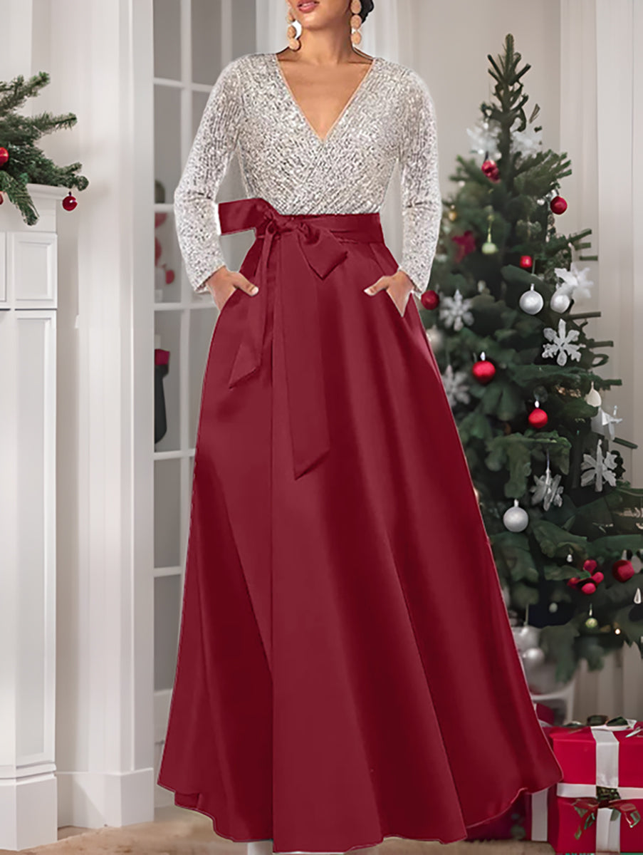 A Line Princess V Neck Long Sleeves Floor Length Mother Of The Bride Dresses With Pocket Sequins