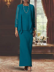 3 Piece Dress Set Sheath Column Scoop Neck Long Sleeves Floor Length Mother Of The Bride Dresses With Jacket