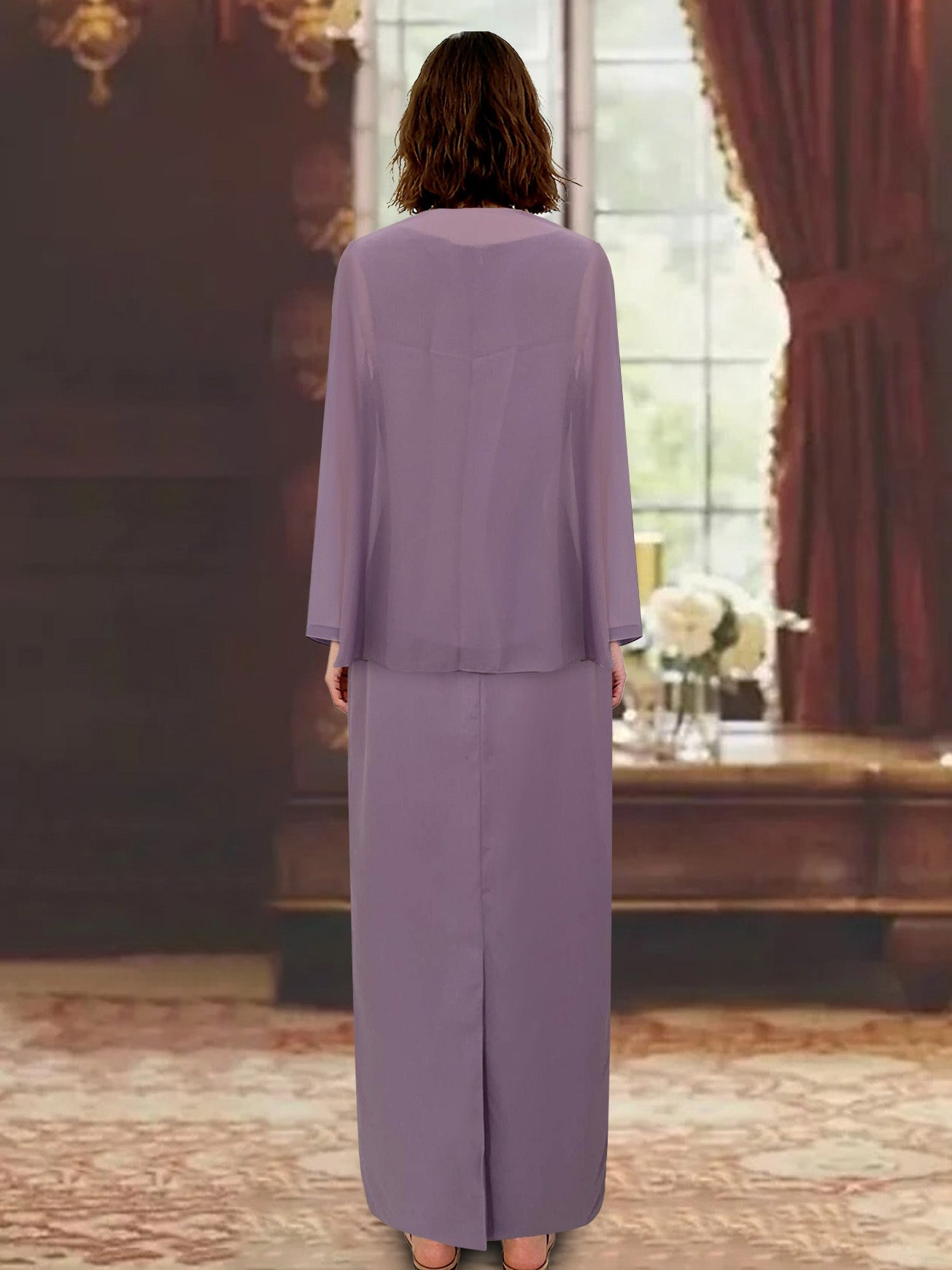 3 Piece Dress Set Sheath Column Scoop Neck Long Sleeves Floor Length Mother Of The Bride Dresses With Jacket