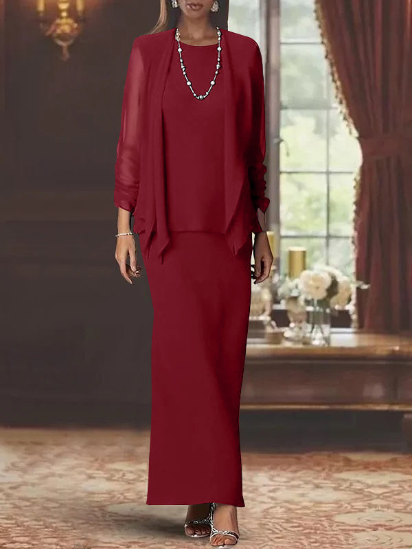 3 Piece Dress Set Sheath Column Scoop Neck Long Sleeves Floor Length Mother Of The Bride Dresses With Jacket
