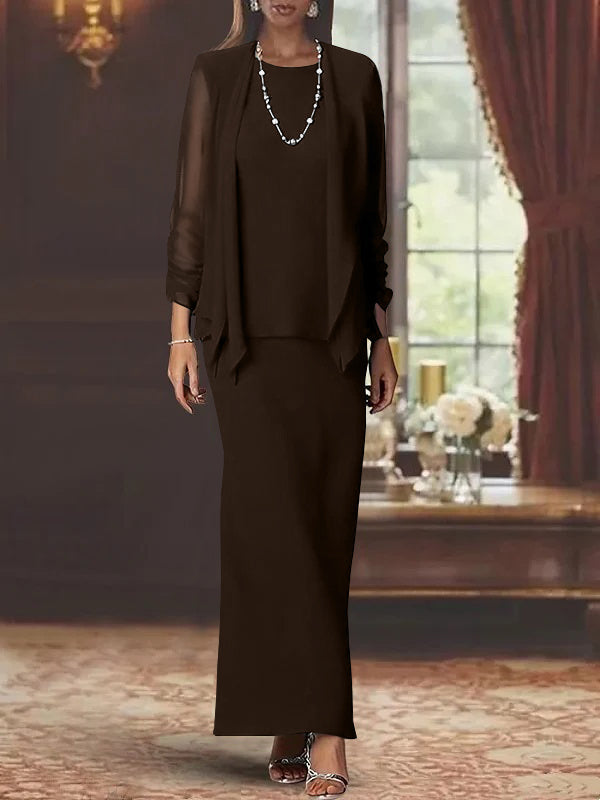 3 Piece Dress Set Sheath Column Scoop Neck Long Sleeves Floor Length Mother Of The Bride Dresses With Jacket