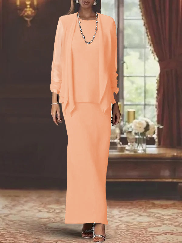 3 Piece Dress Set Sheath Column Scoop Neck Long Sleeves Floor Length Mother Of The Bride Dresses With Jacket