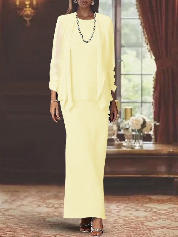 3 Piece Dress Set Sheath Column Scoop Neck Long Sleeves Floor Length Mother Of The Bride Dresses With Jacket