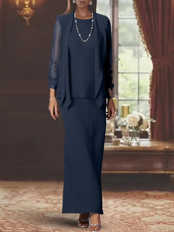 3 Piece Dress Set Sheath Column Scoop Neck Long Sleeves Floor Length Mother Of The Bride Dresses With Jacket
