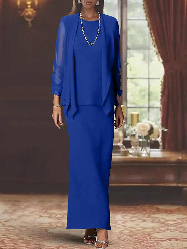 3 Piece Dress Set Sheath Column Scoop Neck Long Sleeves Floor Length Mother Of The Bride Dresses With Jacket