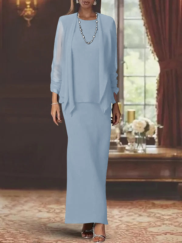 3 Piece Dress Set Sheath Column Scoop Neck Long Sleeves Floor Length Mother Of The Bride Dresses With Jacket