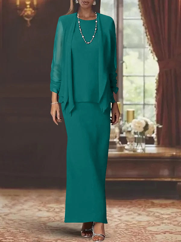 3 Piece Dress Set Sheath Column Scoop Neck Long Sleeves Floor Length Mother Of The Bride Dresses With Jacket