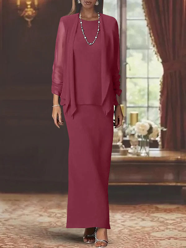 3 Piece Dress Set Sheath Column Scoop Neck Long Sleeves Floor Length Mother Of The Bride Dresses With Jacket