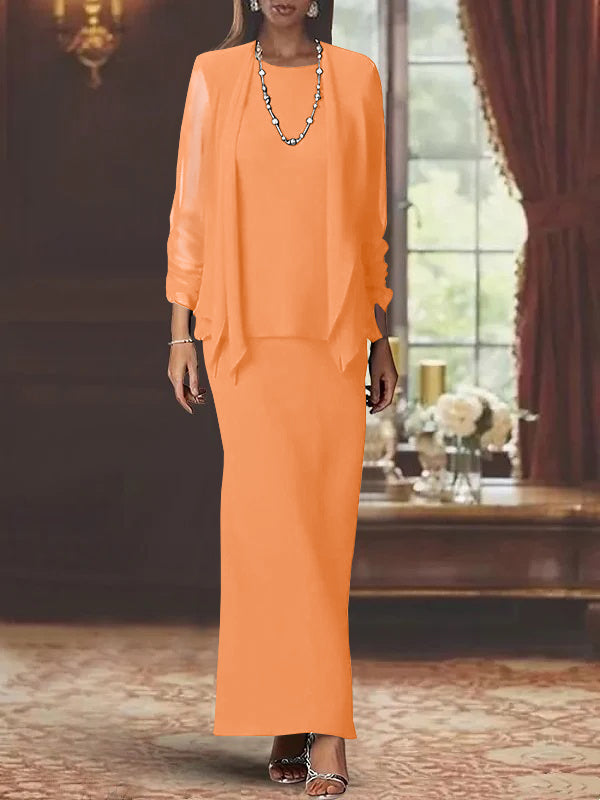 3 Piece Dress Set Sheath Column Scoop Neck Long Sleeves Floor Length Mother Of The Bride Dresses With Jacket