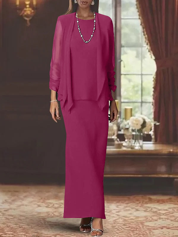 3 Piece Dress Set Sheath Column Scoop Neck Long Sleeves Floor Length Mother Of The Bride Dresses With Jacket