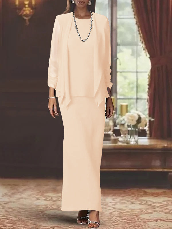 3 Piece Dress Set Sheath Column Scoop Neck Long Sleeves Floor Length Mother Of The Bride Dresses With Jacket