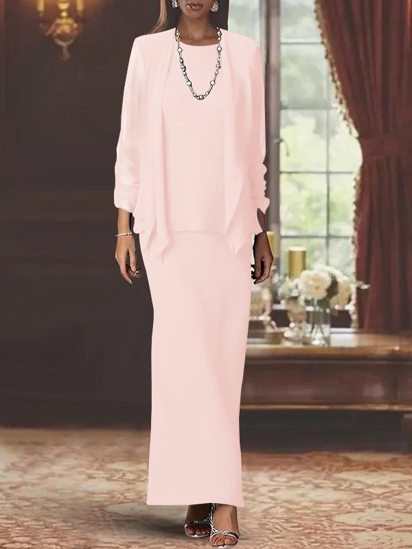 3 Piece Dress Set Sheath Column Scoop Neck Long Sleeves Floor Length Mother Of The Bride Dresses With Jacket