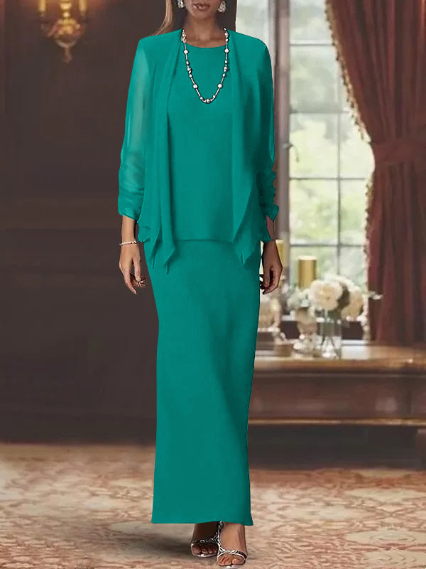 3 Piece Dress Set Sheath Column Scoop Neck Long Sleeves Floor Length Mother Of The Bride Dresses With Jacket