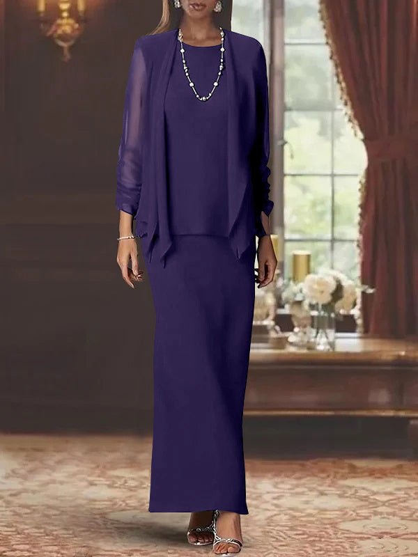3 Piece Dress Set Sheath Column Scoop Neck Long Sleeves Floor Length Mother Of The Bride Dresses With Jacket