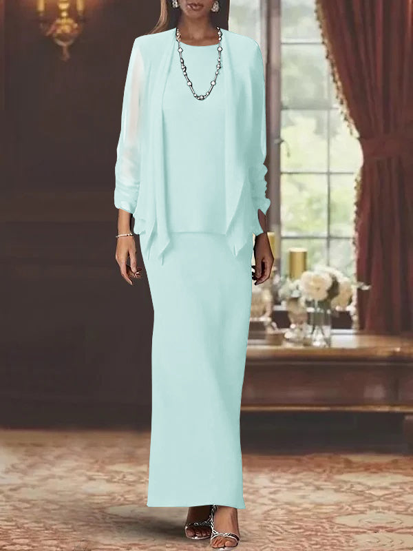3 Piece Dress Set Sheath Column Scoop Neck Long Sleeves Floor Length Mother Of The Bride Dresses With Jacket
