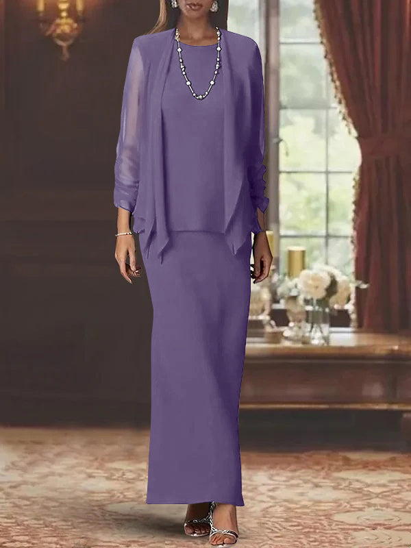 3 Piece Dress Set Sheath Column Scoop Neck Long Sleeves Floor Length Mother Of The Bride Dresses With Jacket
