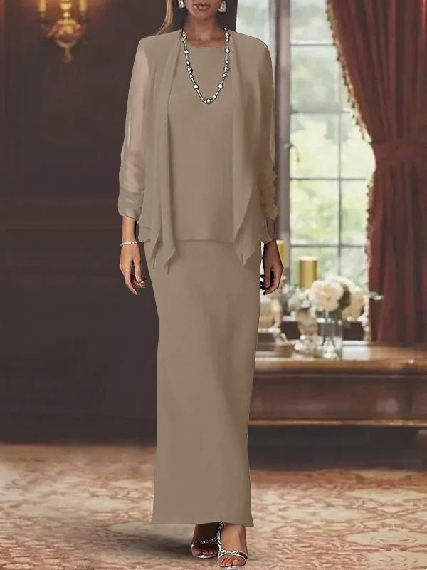 3 Piece Dress Set Sheath Column Scoop Neck Long Sleeves Floor Length Mother Of The Bride Dresses With Jacket