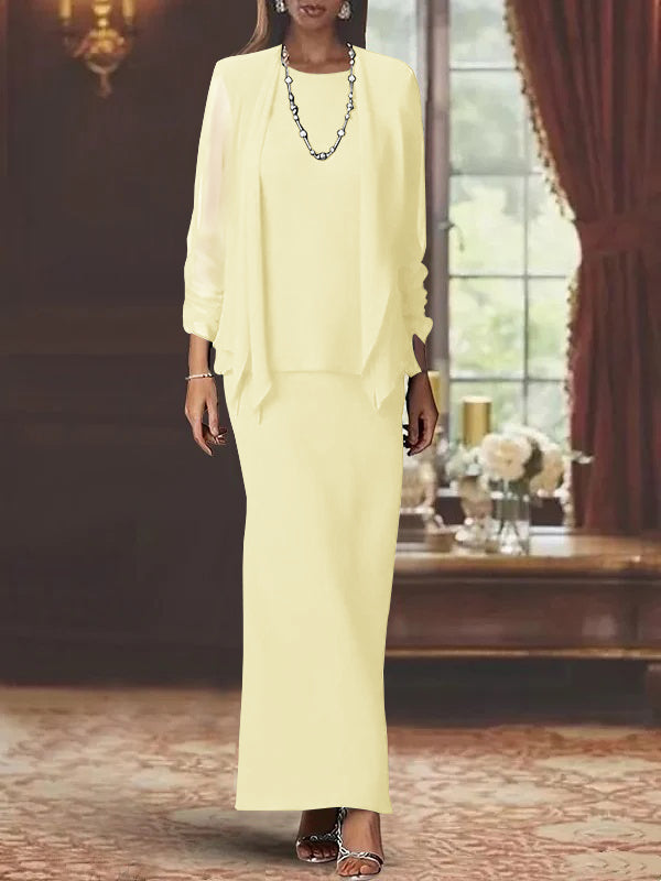 3 Piece Dress Set Sheath Column Scoop Neck Long Sleeves Floor Length Mother Of The Bride Dresses With Jacket